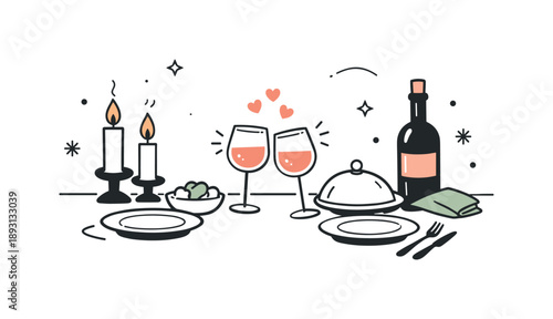 Candlelit Dinner Scene. Romantic candlelight moment. Preparing a small dinner setup with candles and wine, calm anticipation and gentle mood. Minimal editorial