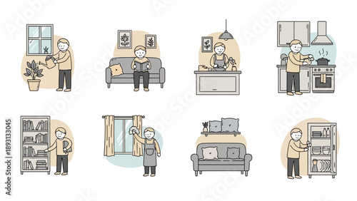 Daily routine activities of people at home, performing various household tasks.