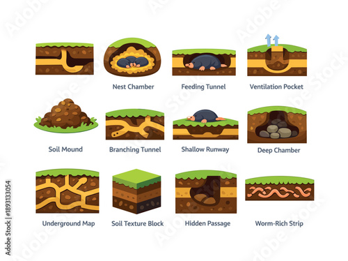 Colorful Mole Tunnels. Mole tunnels. Colorful flat vector icons set of mole tunnels: tunnel cross-section, nest chamber, feeding tunnel, ventilation pocket,