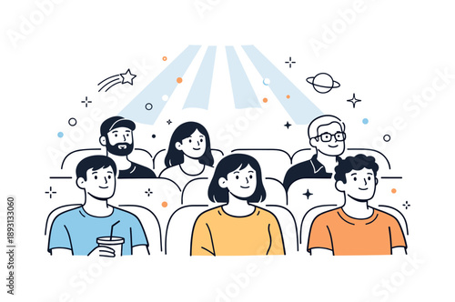 Cinema Audience Focus. Cinema audience illustration. A group of people sitting in a darkened theater, eyes focused on the screen, soft light on their faces.