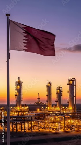 Qatar National Flag Waving Over Industrial Gas Plant and Oil Refinery at Sunset with Glowing Lights and Tall Towers