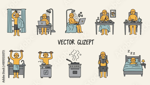 Daily Routine of a Man in Various Activities Throughout the Day.