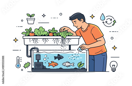 Home Aquaponics Care. Aquaponics at home. A person feeds fish while checking plant roots growing above the tank. Thoughtful routine, closed-loop ecosystem,