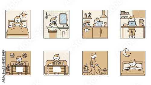 Daily Routine of a Person at Home from Morning to Night.