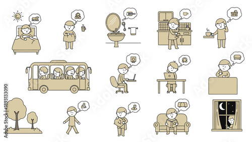 Daily routine of a person from waking up to going to bed.