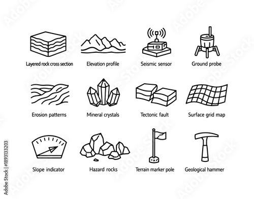 Exoplanet Terrain Icons. Exoplanet Terrain Study. Line icon set of Exoplanet Terrain Study: layered rock cross section, elevation profile, seismic sensor,