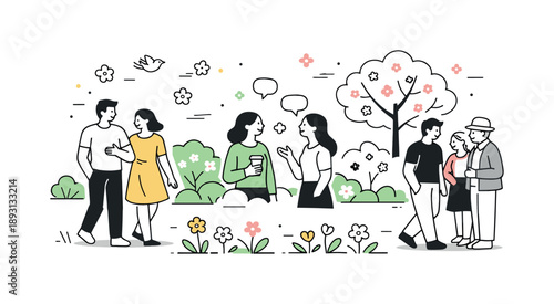 Spring Park Gathering. Springtime gathering. People walking and chatting in a blooming park with soft plants and light floral elements in the air. The scene