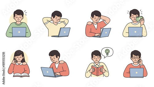 Diverse group of people engaged in various activities with laptops and books.