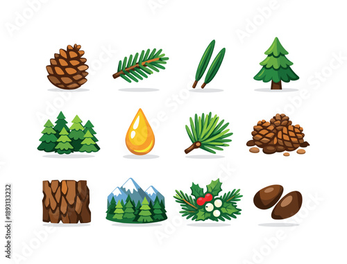 Conifer Icon Set. Conifer Nature. Colorful flat vector icons set of Conifer Nature: pine cone, spruce branch, fir needles, evergreen tree, forest canopy, resin