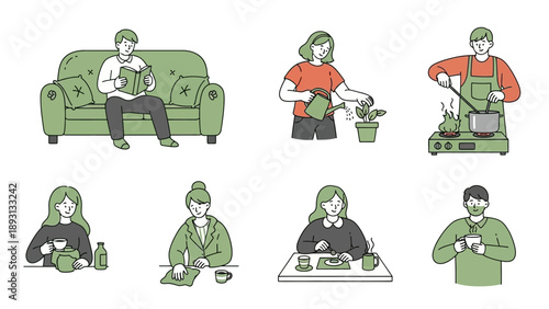 Diverse group of people engaged in various everyday activities at home.