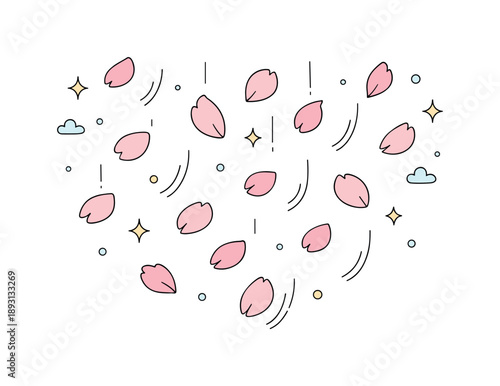 Petal Rain Dance. Blossom petal rain illustration. Delicate petals gently descending, forming a rhythmic and soothing spring pattern. Friendly minimal scene
