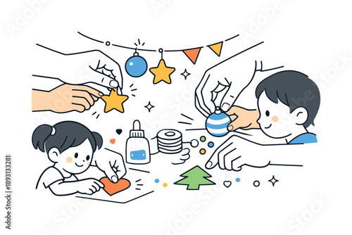 Family Decorating Together. Parents helping kids decorate moment. Close scene of hands placing decorations while adults guide and children participate.