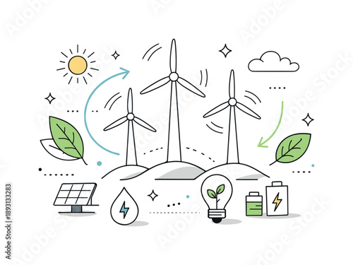 Sustainable Energy Vision. Wind farms and renewable energy sources. An abstract editorial scene with wind turbines surrounded by leaves, arrows, and energy