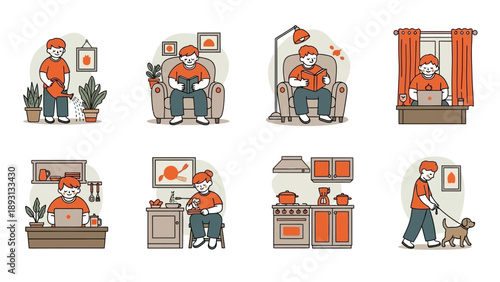 Elderly man engaged in various daily activities at home.