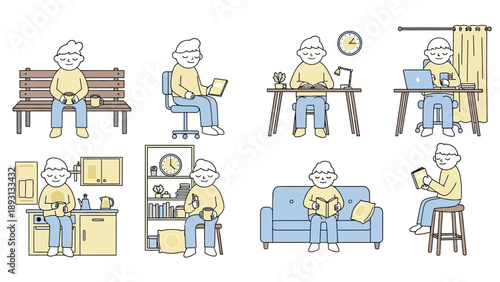 Elderly man engaged in various daily activities at home and outdoors.