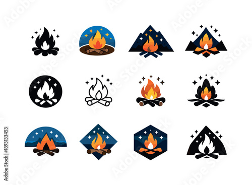 Camping Logo Variations. Camping under the stars. Icon set. Set Logo of Camping under the stars: campfire with stars overhead. harmonious logo variations of