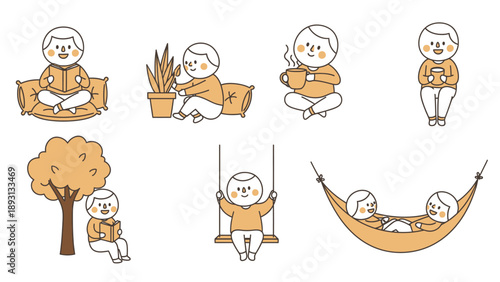 Elderly people enjoying various relaxing activities in a simple cartoon style.