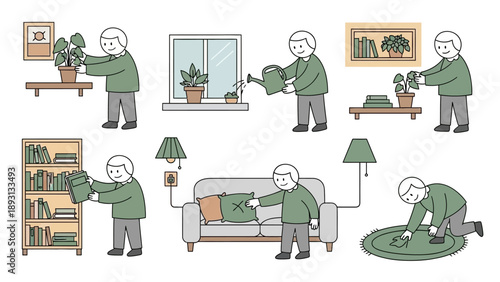 Elderly person engaged in various household activities and hobbies.