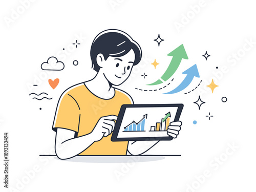 Positive Mind Shift. Transforming negative thought patterns process. A focused person looking at a tablet with simple charts showing emotional improvement,