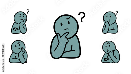 Group of people thinking with question marks above their heads.