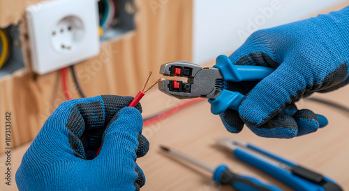 Skilled hands in blue protective gloves meticulously strip electrical wires near a wall socket, performing crucial wiring work for home renovation and electrical safety