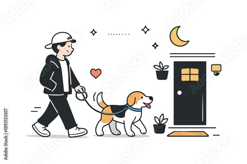 Evening Dog Walk. Walking the dog evening. Person and dog returning home after a walk. Calm ending to the day and simple shared routine. Minimalist flat vector