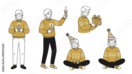 Group of people celebrating holidays wearing festive sweaters and party hats.