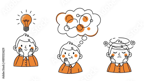 Illustration of a person experiencing different stages of thinking and problem solving.