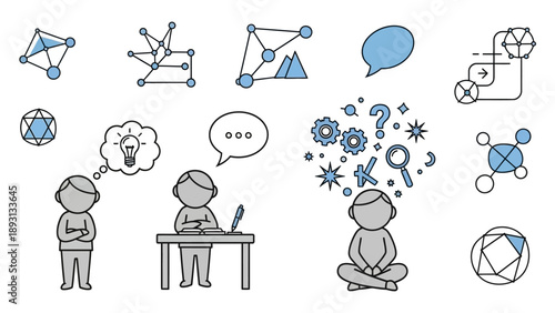 Illustration of people thinking and learning with abstract concepts and symbols.