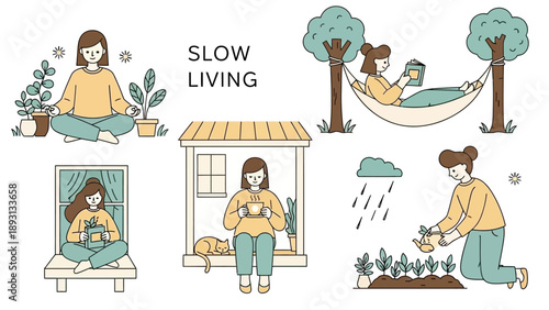 Illustrations of people enjoying slow living activities at home and in nature.