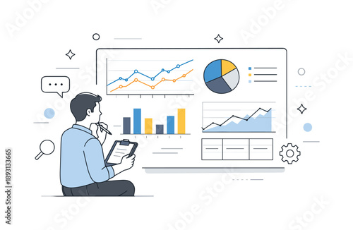 Data Analysis Focus. Data analytics overview. Professional reviewing charts and graphs on a large screen, calm focus and clarity in data interpretation. Clean