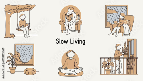 Illustrations of people enjoying slow living activities indoors and outdoors.