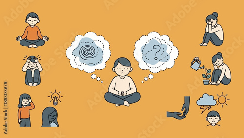 Illustrations of people experiencing various mental states and emotions.