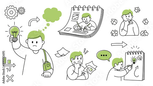 Man brainstorming and developing ideas with visual aids and thought bubbles.