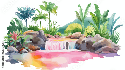 Cano Cristales - Rainbow River. Cano Cristales - Rainbow River hand drawn watercolor illustration