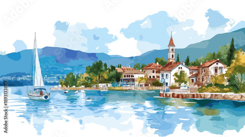 Lake Balaton. Lake Balaton watercolor vector illustration