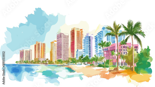 Miami. Miami hand drawn watercolor illustration