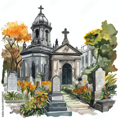 Recoleta Cemetery. Recoleta Cemetery hand drawn watercolor illustration