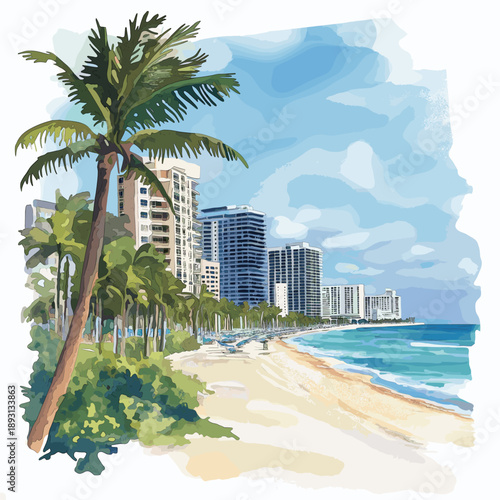 Miami?s South Beach. Miami?s South Beach hand drawn watercolor illustration