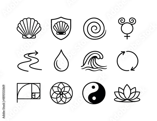 Shell Iconography Collection. Shell Symbolism. Line icon set of Shell Symbolism: shell icon, protection shield, spiral growth, fertility symbol, journey path,