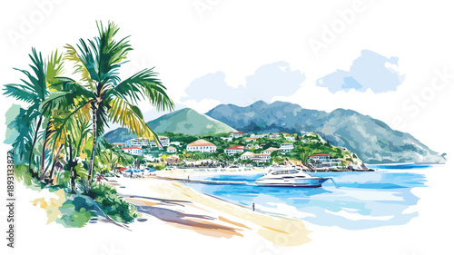 Saint Martin Beach. Saint Martin Beach hand drawn watercolor illustration