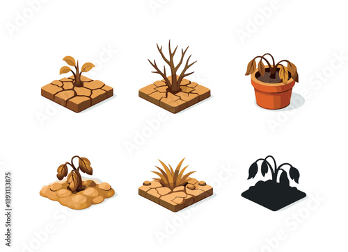 Dry Plant Icons. DryPlant. Isometric flat vector icons set of dry plant: cracked soil plant, leafless stem plant, dehydrated pot plant, shriveled foliage