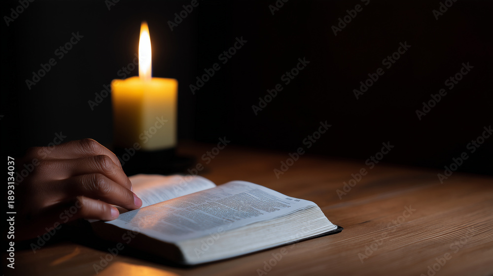 Obraz premium Holy Bible illuminated by single candle in dark quiet room, Christian faith and evening worship concept, horizontal close-up composition, open Bible on wooden surface, warm candle