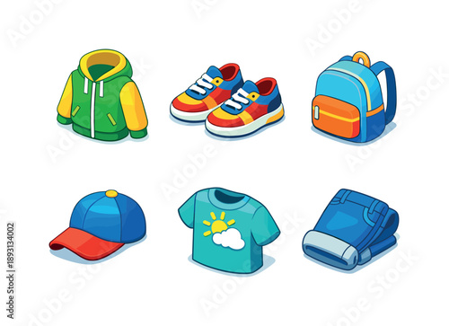 Seasonal Kids Fashion Icons. Seasonal fashion for kids and teens. Isometric flat vector icons set of Seasonal fashion for kids and teens: spring jacket hoodie,
