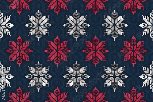 A repeating geometric pattern features intricate snowflakes in shades of white and red on a navy background. The design combines traditional folk art elements with a modern and clean aesthetic.
