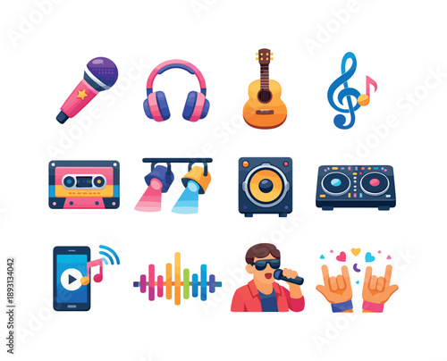 Pop Culture Icons. Pop culture music. Colorful flat vector icons set of Pop culture music: pop microphone, wireless headphones, acoustic guitar, musical clef,