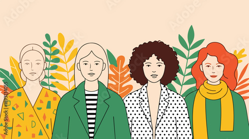 Illustration of four diverse women standing together in a colorful, flat design, celebrating International Women's Day with vibrant floral background.