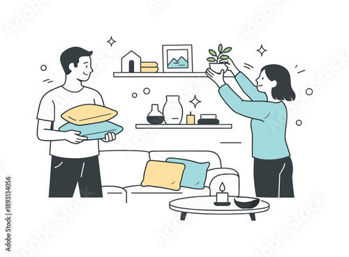 Cozy Home Decorating. Couple decorating home. Partners choosing cushions and placing decor items on shelves. Relaxed and harmonious scene showing teamwork and