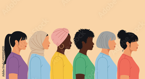 Illustration of diverse women in different colored shirts standing in a line celebrating International Women's Day with a vibrant and inclusive mood against a plain background.