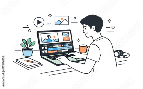 Creator's Tidy Workspace. Content creation. A creator editing content on a laptop with timelines and thumbnails visible, calm concentration and tidy workspace.